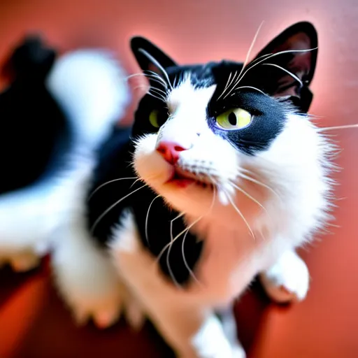 Image similar to tuxedo cat, white cheeks, white paws, yellow eyes, playful, young, catch fly, h 6 4 0
