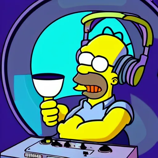 Image similar to svg sticker of a Homer-Simpson at a rave, spinning records, giant headphones rocking out, wearing headphones, huge speakers, dancing, rave, DJ, spinning records, digital art, amazing composition, rule-of-thirds, award-winning, trending on artstation, featured on deviantart