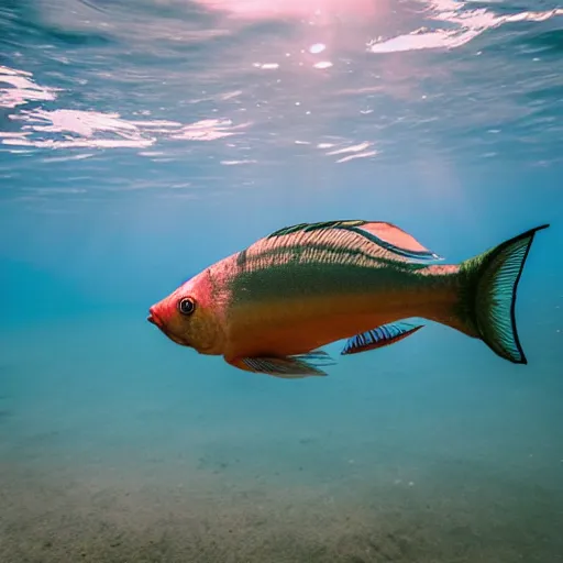 Image similar to photograph of a fish with human arms, under water, sunbeams