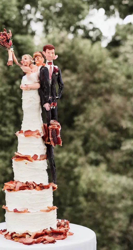 Image similar to a wedding cake made of bacon, professional food photo, bride and groom on top of the wedding cake,