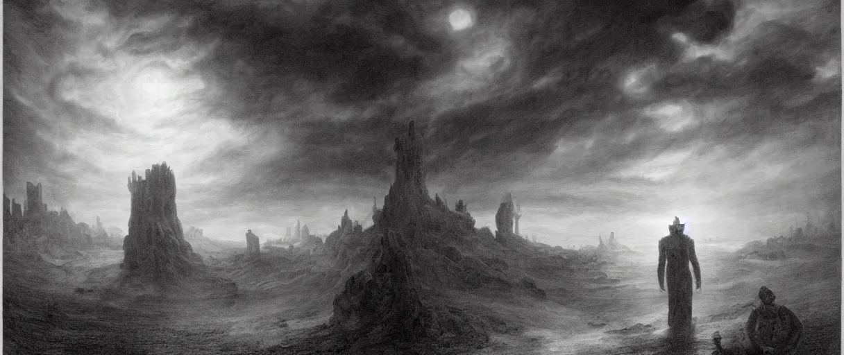 Image similar to an engraving portrait of nyarlathotep, lovecraftian atmosphere, caspar david friedrich, foggy, depth, strong shadows, stormclouds, illuminated focal point, highly detailed