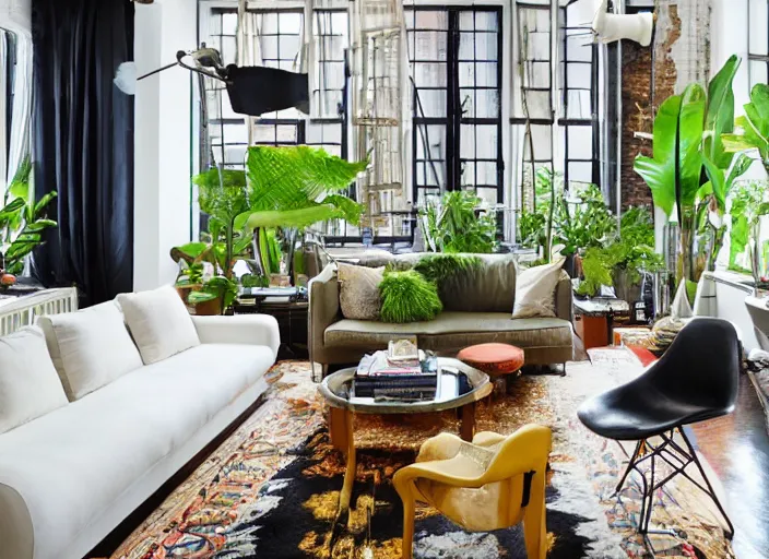 Prompt: ny loft designed by nate berkus with a view of the jungle