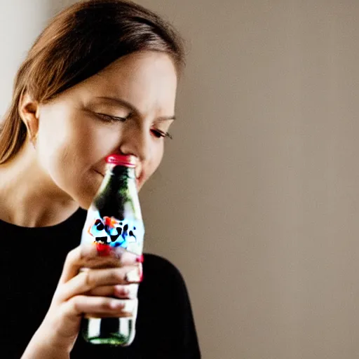 Prompt: a woman, mid-20s, drinking a bottle of coke