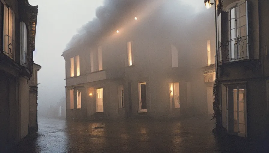 Image similar to 1 9 7 0 s movie still of a heavy burning french style townhouse in a small french village by night rain fog, cinestill 8 0 0 t 3 5 mm, heavy grain, high quality, high detail, dramatic light, anamorphic, flares