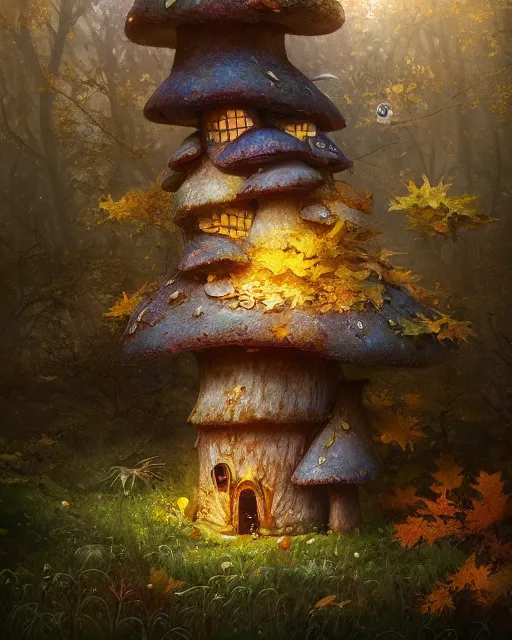 Prompt: a tall cute mushroom house in a magical forest in autumn, curious rabit, cinematic, stunning, adorable, artstation, smooth, hard focus, illustration, art by jessica rossier and and brian froud