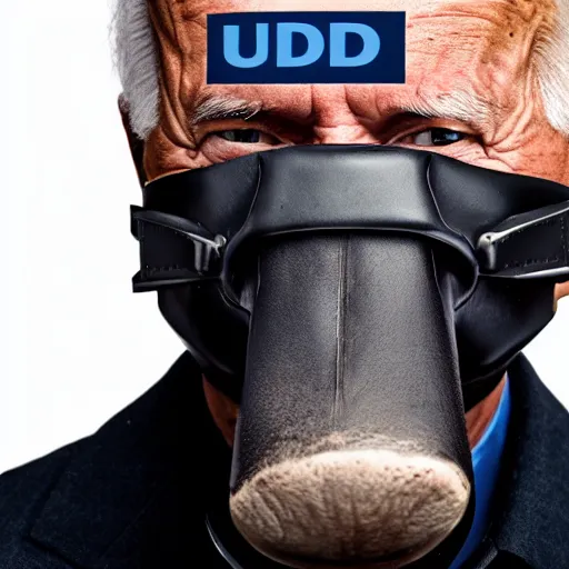 Image similar to uhd candid photo of cosmic joe biden wearing a rubber muzzle, with accurate face, real rubber muzzle, uhd, studio lighting, correct face, photo by annie leibovitz