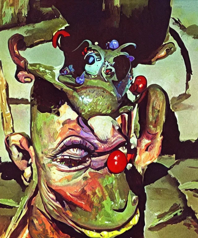 Image similar to frog boy farmer finds the clown crown in the dirt, clown crown, moment of destiny, painting by Syd Mead, cinematography by Robby Müller