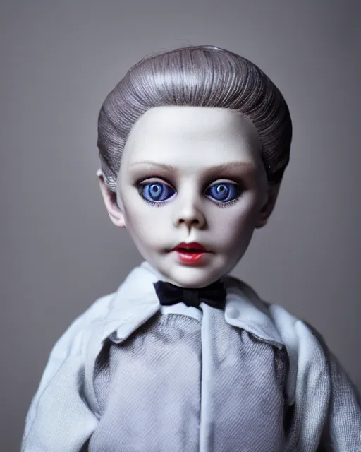 Image similar to high quality presentation photo of Steve Buscemi porcelain doll in the style of mark ryden photography 4k, f1.8 anamorphic, bokeh, 4k, Canon, Nikon