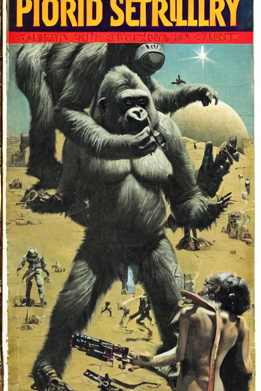 Prompt: photo of poor condition, torn, stained, vintage pulp scifi science fiction magazine cover entitled space donkey, showing a man wearing spandex and cape shooting laser beams from a ray gun at an armoured silverback gorilla in an alien city, illustrated by norman rockwell and earle bergey andeverett raymond kinstler, 4 k, high definition