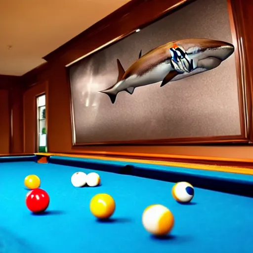 Prompt: a photo of a shark playing pool