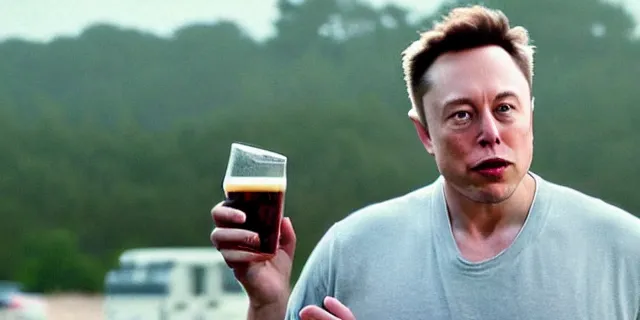 Image similar to full distant shot of balding elon musk in a tracksuit drinking beer in dirty cheap old trailer, by ken loach