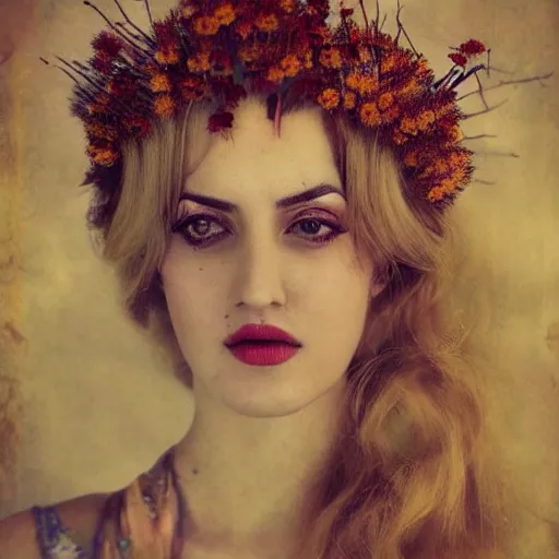 Image similar to fine art photo of the beauty goddess meryem uzerli, she has a crown of dried flowers, by oleg oprisco