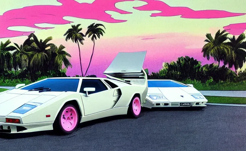 Image similar to a white lamborghini countach with open doors. palm trees and pink sky in the background. art by krzysztof tanajewski