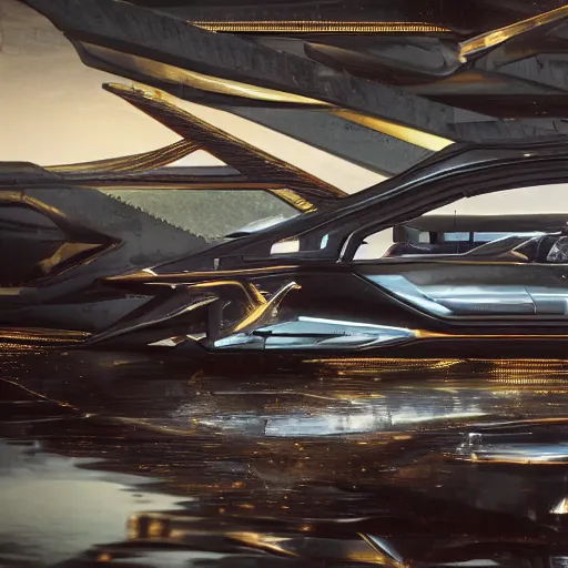 Image similar to car : motherboard forms in the style of zaha hadid architecture sci-fi futuristic setting ultra realistic photography, keyshot render, octane render, unreal engine 5 render , high oiled liquid glossy specularity reflections, ultra detailed, golden hour 4k, 8k, 16k in the style ofblade runner 2049 Cyberpunk 2077 ghost in the shell thor 2 marvel film : tilt shift: sharp focus