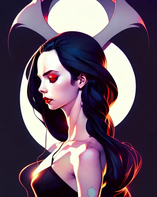 Image similar to artgerm, joshua middleton comic cover art, full body pretty kacey rohl vampire, symmetrical eyes, symmetrical face, long curly black hair, dark castle background background, cinematic lighting