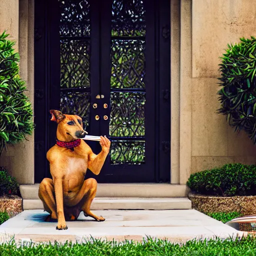 Image similar to a very detailed photo of a dog ( smoking a cigar ) outside the mansion by the pool