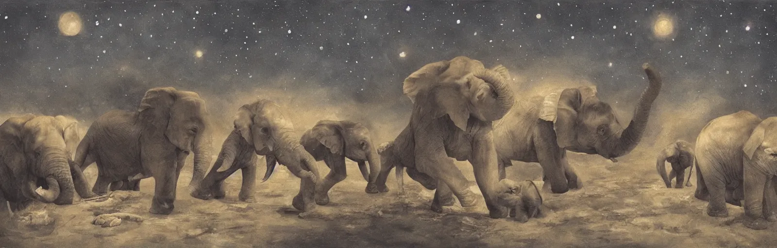 Image similar to two adult elephants and a baby elephants sleeping soundly under a starry sky, savannah, illustration, detailed, smooth, soft, warm, by Adolf Lachman, Shaun Tan, Surrealism