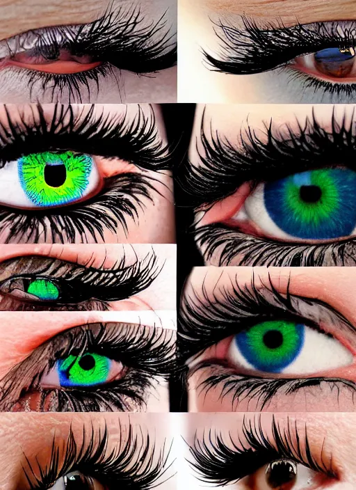 Image similar to grid montage of eyes, square dilated pupils, swuare irises, detailed colored textures, eyelashes, advanced art, art styles mix, from wikipedia, wet reflections in eyes, sunshine light, hd macro photograph, from side, various eyelid positions, square black pupil centered
