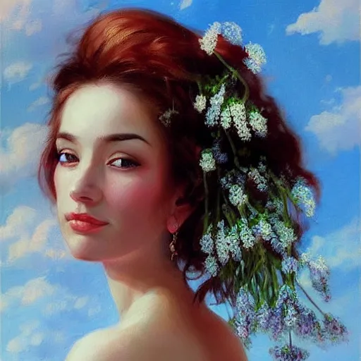 Image similar to a portrait of a romantic woman with flowers grow out of hair, roses peonies forget-me-nots dahlias lupins gladioli, sky theme in background, by Alexandr Averin, Digital Art, Trending on artstation