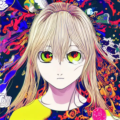 Prompt: a portrait of blonde girl by hiroyuki takahashi, detailed, 4 k, inio asano, junji ito