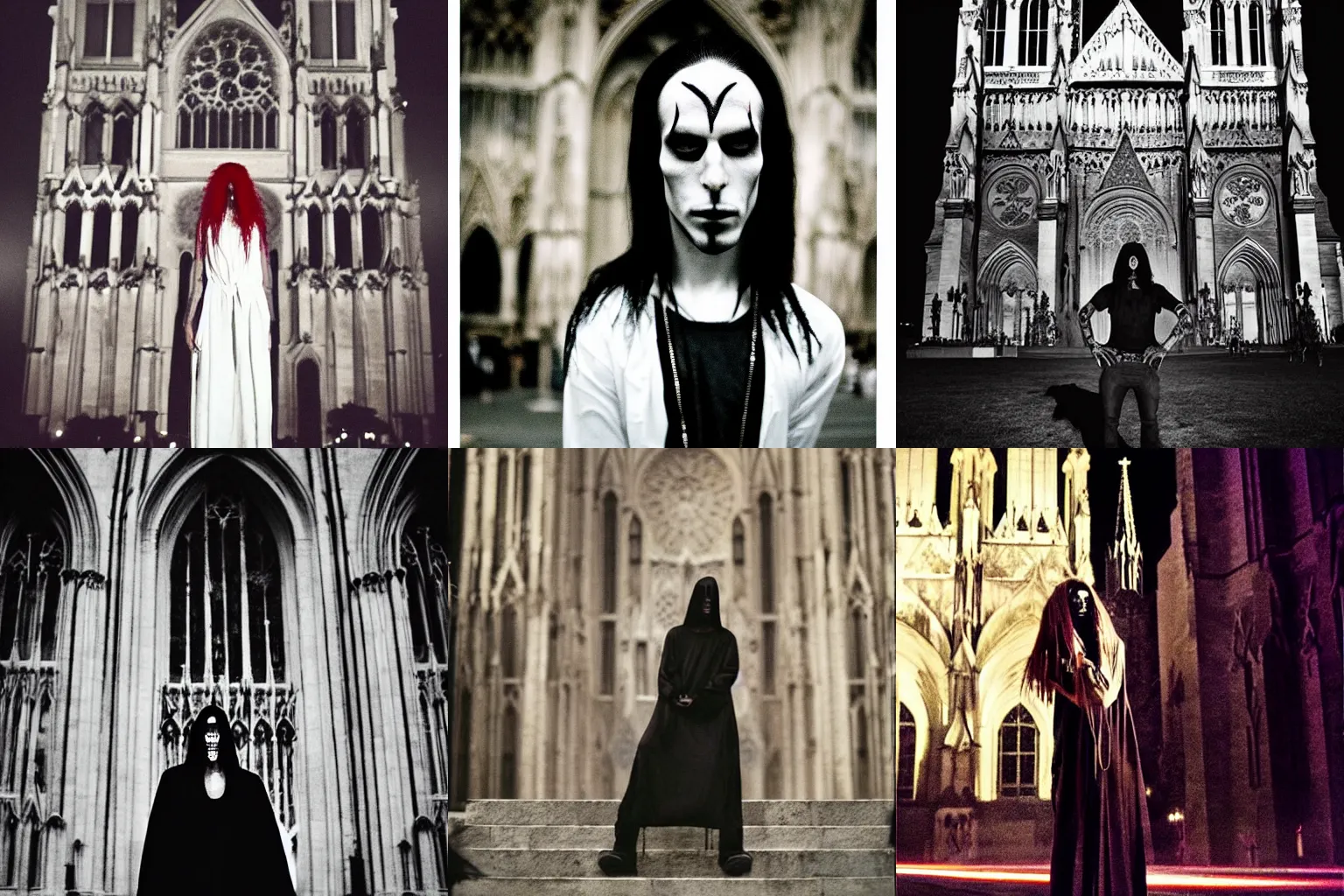 Prompt: “a tall young man with red hair and corpse face paint, dressed in long Rick Owens clothes, standing in front of a giant Gothic cathedral at night, 70mm film”