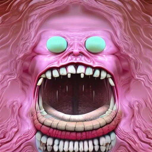 Image similar to pink scream by takashi murakami and zdzisław beksiński, 3d render, octane render, intricately detailed artwork, full 8k high quality resolution, recently just found unknown masterpiece