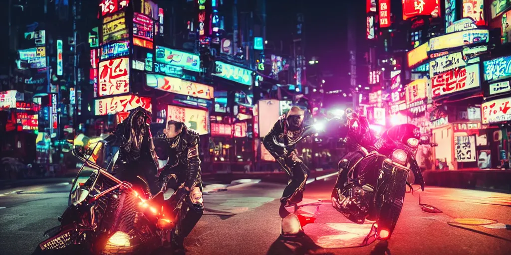 Image similar to Epic Battle Between a Squid Karate God and a Menacing prawn biker in a leather jacket, tokyo skyline, sunset, neon vibe, cyberpunk lighting, cinematic lighting, anamorphic lens, dramatic shadows,