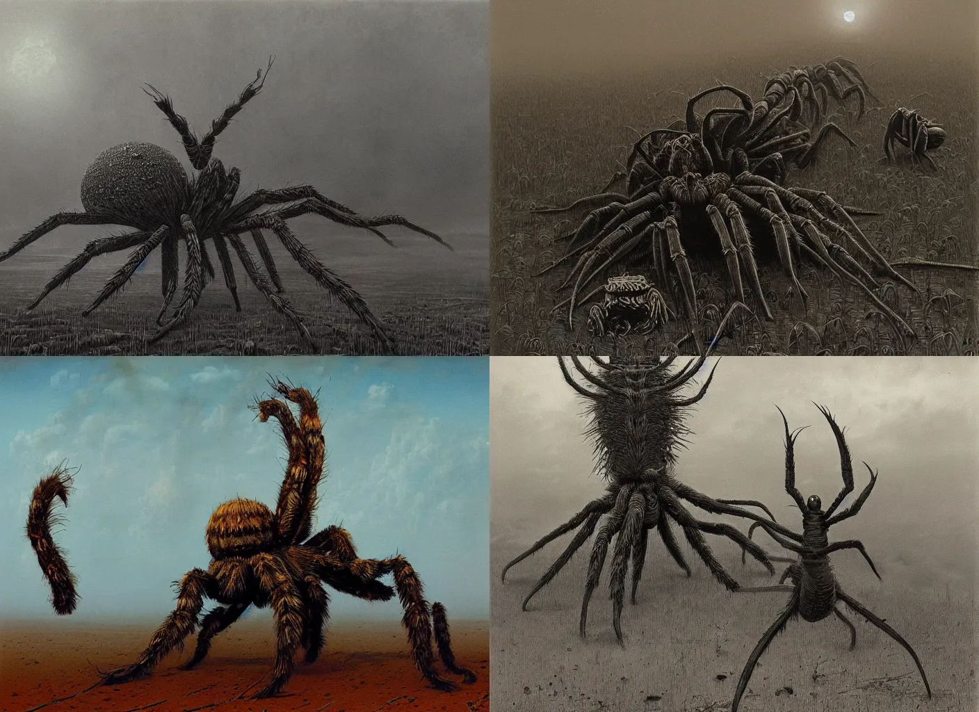 Prompt: giant Tarantula roams an apocalyptic wasteland by Zdzisław Beksiński