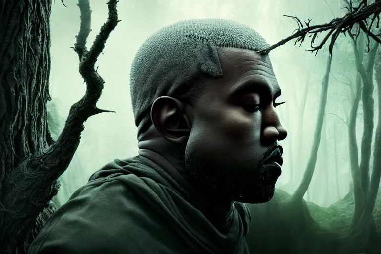 Prompt: an ultra realistic, cinematic, headshot portrait, of an evil kanye west tree wizard, fantasy, elden ring, branches wrapped, facial features, background of a vast serene landscape, with trees and rivers, detailed, deep focus, movie still, dramatic lighting, ray tracing, by michal karcz and yoshitaka amano