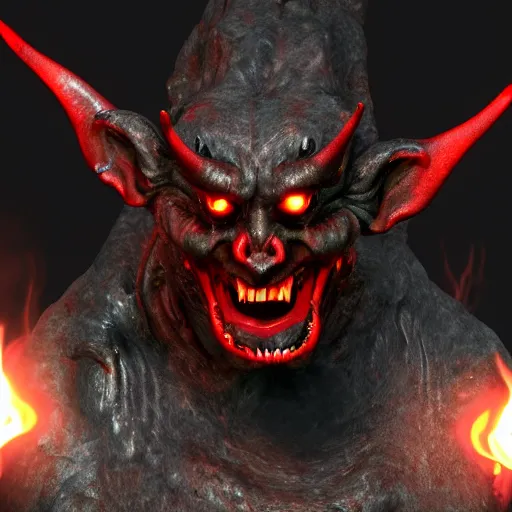 Image similar to demon in the depths of hell, satan smiles, laughter, audible, crimson, demonic, el greco, 3 - d render, unreal engine 4