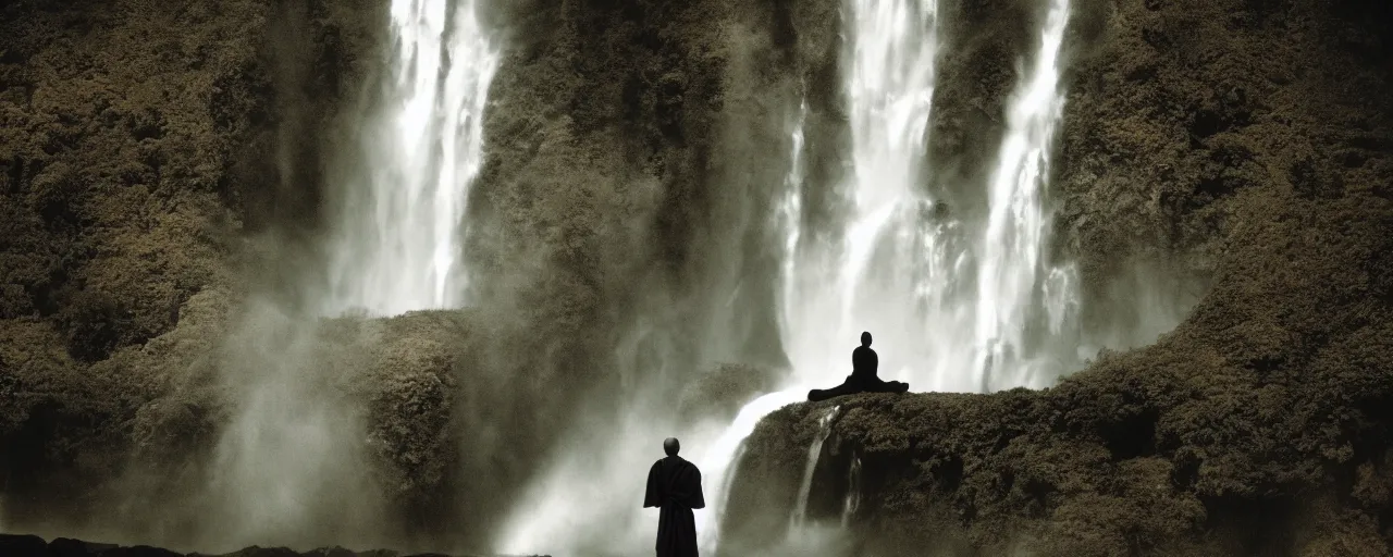 Prompt: dang ngo, annie leibovitz, steve mccurry, a simply breathtaking shot of mediating monk at one giant waterfall, wide shot, symmetrical