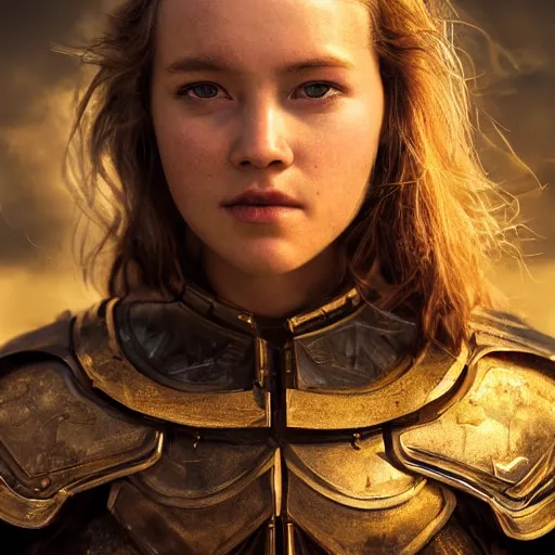 Image similar to attractive aesthetically pleasing young woman portrait, partially clothed in metal-plated battle armor, atmospheric lighting, painted, intricate, volumetric lighting, beautiful, golden hour, sharp focus, ultra detailed, by Leesha Hannigan, Ross Tran, Thierry Doizon, Kai Carpenter,Ignacio Fernández Ríos