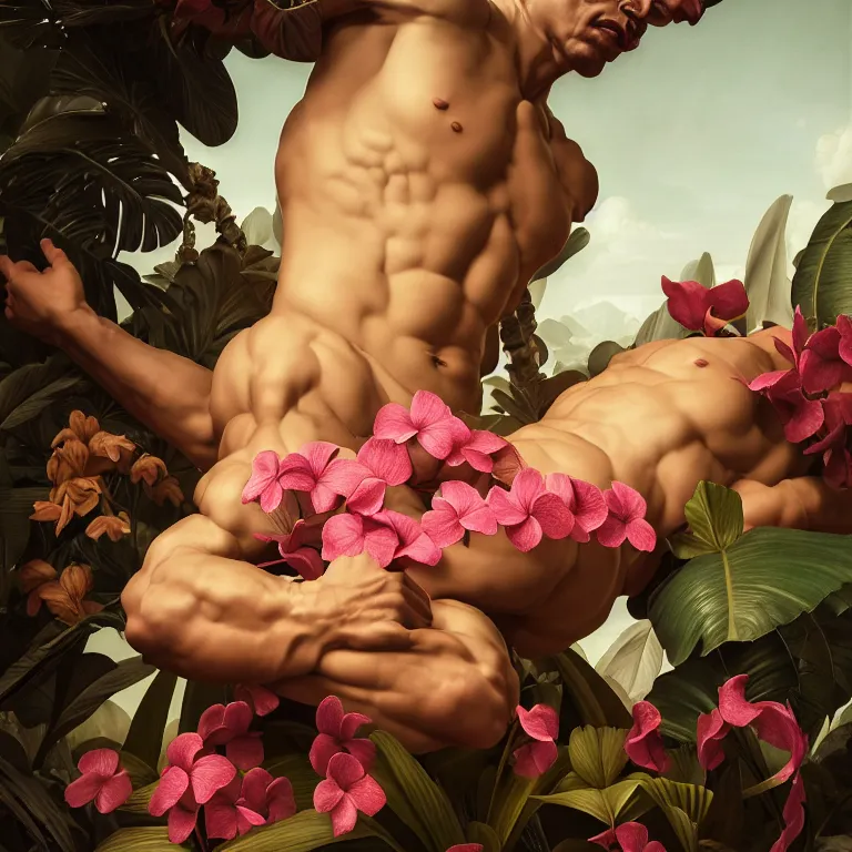 Image similar to still life of human muscular body covered with tropical flowers, wide shot, soft glow bloom lucid dream - like ethereal atmosphere, baroque portrait painting, perfect composition, beautiful intricate detailed octane render trending on artstation, 8 k artistic photography, volumetric cinematic perfect light, chiaroscuro, masterpiece, raphael, caravaggio, rutkowski, beeple, beksinski