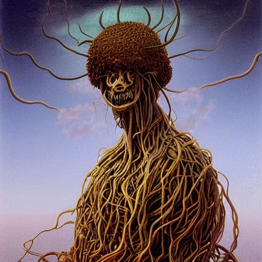 Prompt: a terrifying nature organic portrait of the flying spaghetti monster. natural lighting art dawn. highly detailed. colourful. moody. artstation, 4 k, by gerald brom zdzisław beksinski, and ansel adams and studio ghibli, horror, lots of sakura flowers, lovely, desperate