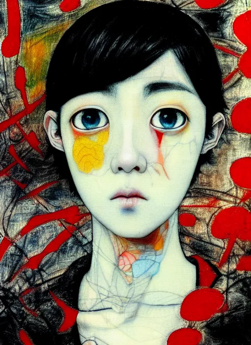 Image similar to yoshitaka amano blurred and dreamy realistic three quarter angle portrait of a young woman with short hair and black eyes wearing office suit with tie, junji ito abstract patterns in the background, satoshi kon anime, noisy film grain effect, highly detailed, renaissance oil painting, weird portrait angle, blurred lost edges