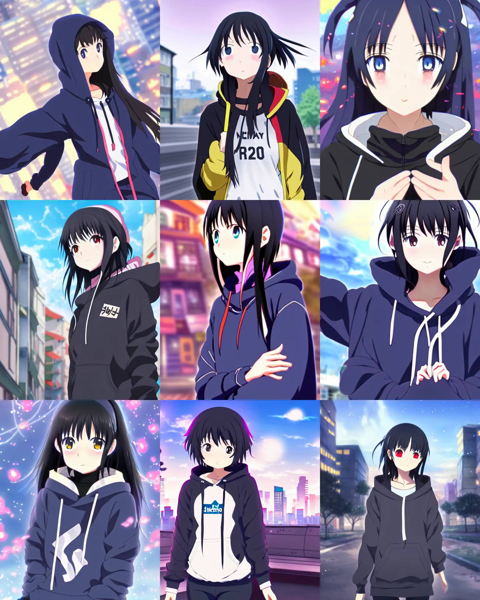 Prompt: black haired girl wearing hoodie, city, anime epic artwork, kyoto animation, key visual