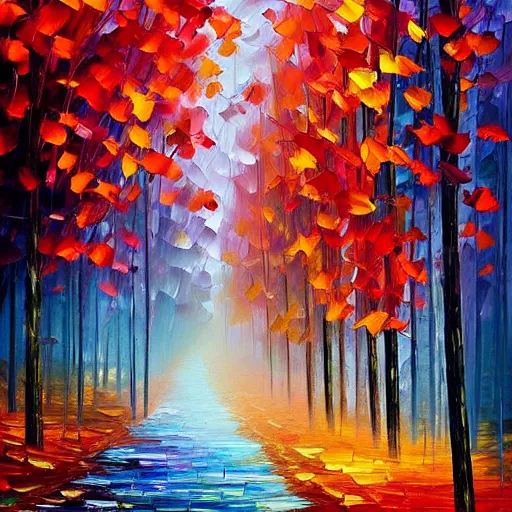 Prompt: beautiful leonid afremov and alena aenami impasto painting of a foggy forest path on a lovely autumn day. trending on artstation 8k hq