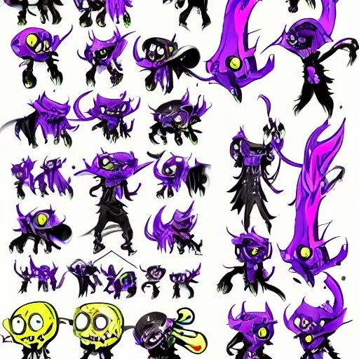 Image similar to character design sheets for a new vampire squid character, artwork in the style of splatoon from nintendo, art by tim schafer from double fine studios, black light, neon, spray paint, punk outfit, tall thin toothpick like frame adult character, fully clothed, gothic, color explosion, sparkles and glitter, pop art