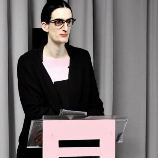 Prompt: architectural curator beatrice galilee wearing a breton top presenting at a lectern in front of pink curtains, 8 k photorealistic