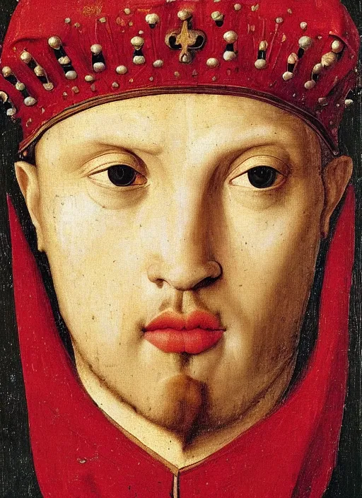 Image similar to portrait of a young man who is a king with a crown, medieval painting by Jan van Eyck, Florence