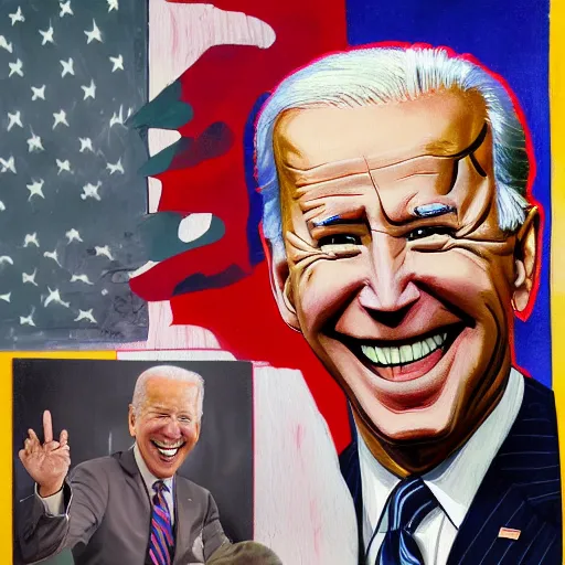 Prompt: a painting of joe biden laugh in tea party with taliban, ultra detailed content : face, gesture, body, mimic. random position content, frontal realistic, sharp focus, intricate, dynamic composition, 2 colors, delete duplicate contents.