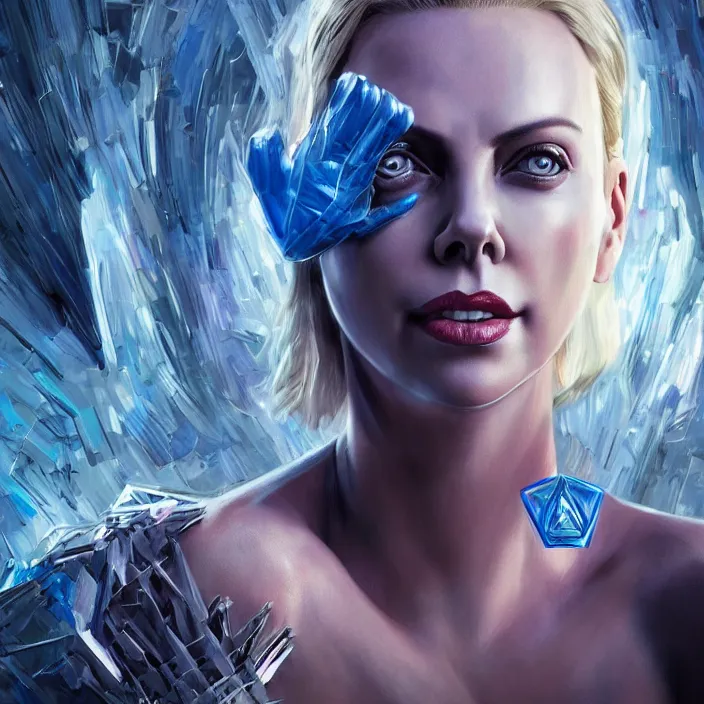 Image similar to charlize theron as mystique. x - men. intricate abstract. intricate artwork. by tooth wu, wlop, beeple, dan mumford. octane render, trending on artstation, greg rutkowski very coherent symmetrical artwork. cinematic, hyper realism, high detail, octane render, 8 k, iridescent accents