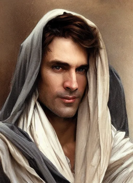 Image similar to a clean shaven man aged 4 0 with tousled blonde hair and hazel eyes and a friendly expression. he is handsome and wearing a grey cloak. head and shoulders portrait painting by artgerm and greg rutkowski and alphonse mucha.