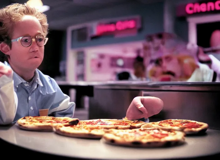 Image similar to charlie kaufman eating pizza at chuck - e - cheese, dramatic lighting, film still from breaking bad ( 2 0 1 0 ), 3 5 mm kodak, 2 4 mm lens, directed by rian johnson