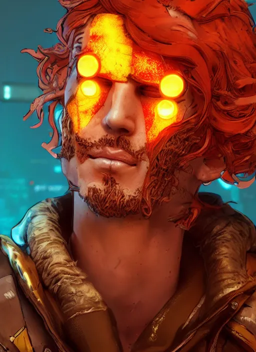 Image similar to glowwave portrait of curly orange hair man from borderlands 3, au naturel, hyper detailed, digital art, trending in artstation, cinematic lighting, studio quality, smooth render, unreal engine 5 rendered, octane rendered, art style by klimt and nixeu and ian sprigger and wlop and krenz cushart.