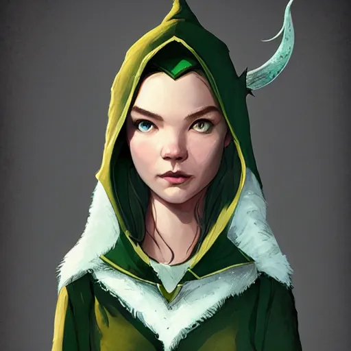 Image similar to Portrait of Anya Taylor-Joy as an elf ranger, pale green hooded cloak, lord of the rings, mattepainting concept Blizzard pixar maya engine on stylized background splash comics global illumination lighting artstation lois van baarle, ilya kuvshinov, rossdraws