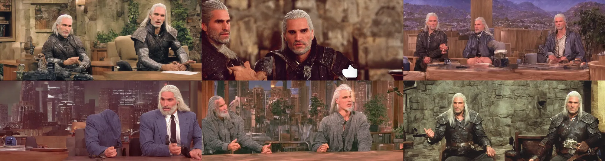 Prompt: Geralt of Rivia being interviewed on the Tonight Show in 1995, cinematic, wide angle, 35mm, television, screengrab