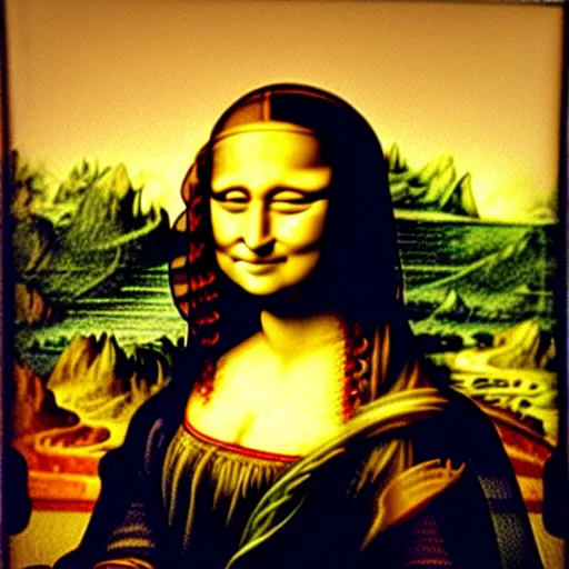 Image similar to mona lisa painting with cake smeared all over it