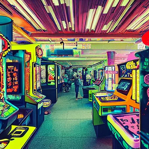 Prompt: “Daytime cyberpunk arcade in the style of a traditional Japanese garden. Cherry trees line one wall and several rows of well known arcade machines line another wall. Photo taken in the style of Wes Anderson for Monocle Magazine (2011)”