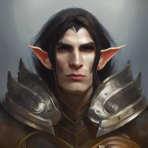 Image similar to character design, portrait of a attractive half elf half orc male with long black hair and proeminent cheekbones, medieval, dark armor, tribal, painting by wlop, nixeu and greg rutkowski, beautiful, cgsociety, semirealism, artstation, octane render, sharpness, 8 k, golden ratio